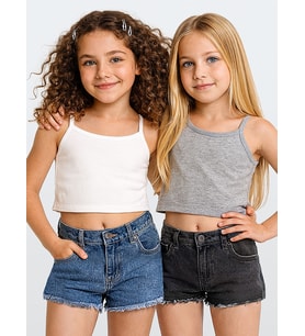 Kız Çocuk Crop Top 2'li Takım Askılı Gri Beyaz Crop Üst