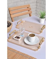 Gold Kulplu Türk Kahvesi Sunum Tepsisi  2'li Şık Set 25x17cm (Bakır)