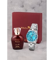 Polo Air Mercek Takvimli Kadın Kol Saati Ve 55 ml Parfüm Bordo Kutsunda Set Gümüş Turkuaz Renk ST-2188S8