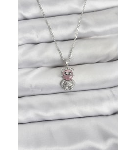 316L Çelik Zincir Gümüş Renk Teddy Bear Model Zirkon Taşlı Kadın Kolye 5886 - LOHO4444-4675