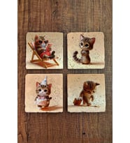 Doğal Taş Bardak Altlığı 4'lü Set 10x10x1 cm Sevimli Kedi Desenleri -Stone Coasters