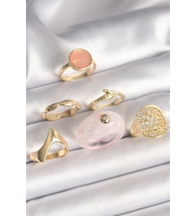 Pirinç Gold Renk Pembe Plastik Yüzük Model Daire Pembe Mine Yılan Detay 6'Lı Kadın Yüzük Seti TJ-BYK3613