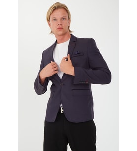 SPOSO G-211 TEK DÜĞME TEK YIRTMAÇ SÜET DETAYLI DESENLİ DOKUMA KUMAŞ BLAZER CEKET (Lacivert)
