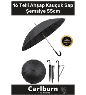 Premium Otomatik Mekanizma Baston Tip Rüzgar Korumalı Fiber 16 Telli Ahşap Kauçuk Sap Şemsiye 55cm