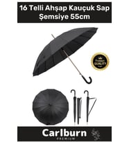 Premium Otomatik Mekanizma Baston Tip Rüzgar Korumalı Fiber 16 Telli Ahşap Kauçuk Sap Şemsiye 55cm