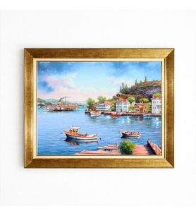 Tablore İstanbul Boğazı Ve Nostaljik Şehir Hatları Vapuru Kanvas Tablo Altın Çerçeveli Manzara Resmi