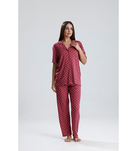 Kadın Düğmeli Puantiye Desen Kısa Kollu Pijama Takım  Mürdüm