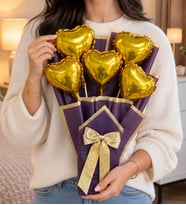 Premium Gold 5'li Kalp Balon Buketi Mor Gold Çiçek Buketi Kıza Arkadaşa Sevgiliye Hediye