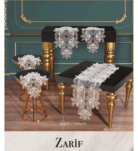 Zarif Model No 96801 Krem Dantelli Masa Örtüsü Runner Seti Çeyizlik Salon Takımı
