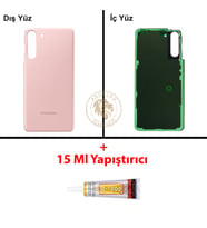 Samsung Galaxy S21 Pembe Renk Arka Kapak + B7000 Yapıştırıcı Arka Cam Batarya Kapağı Pil Kapağı Lazer Kesim Back Cover Galaxy S21 Uyumlu