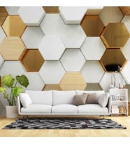 3 Boyutlu Beyaz, Gold, Ahşap Altıgen Geometri Duvar Kağıdı Baskı