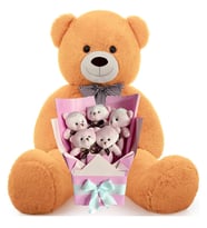 Sevimli 90 cm Peluş Ayı ile  Pembe Peluş Ayıcık Buketi- Sevdiklerinize; Doğum Günü, Yıldönümü, Özel Gün (Kahverengi)