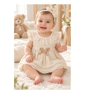 Organik Kumaş Dantel Detaylı Bebek Elbisesi – 3/12 Ay
