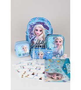 FROZEN TEK BÖLMELİ KÜÇÜK BOY 32 CM ANAOKUL,KALEM VE BESLENME ÇANTASI,BESLENME KUTUSU İLE KIRTASİYE OKUL SETİ (Mavi)