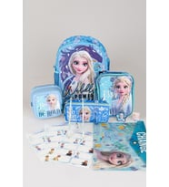 FROZEN TEK BÖLMELİ KÜÇÜK BOY 32 CM ANAOKUL,KALEM VE BESLENME ÇANTASI,BESLENME KUTUSU İLE KIRTASİYE OKUL SETİ (Mavi)