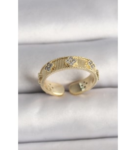 Pirinç Gold Renk Zirkon Taşlı Yonca İşlemeli Ayarlanabilir Yüzük