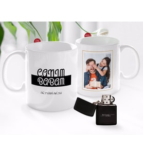 BK Gift Kişiye Özel Babalar Günü Hediyesi Fotoğraflı Kupa Bardak ve Benzinli Çakmak Seti-31 (Model 1)