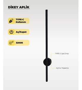 Şarjlı Siyah Dikey Aplik 3200K Sarı Işık – Elektrik Gerektirmez