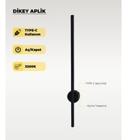 Şarjlı Siyah Dikey Aplik 3200K Sarı Işık – Elektrik Gerektirmez