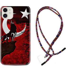 Apple iPhone 11 12 13 Mini Kılıf Boyun Asklı Rasta Silikon Wolf and Moon 2 1381