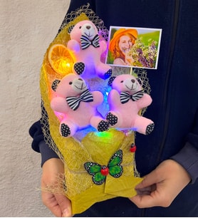 Renkli Led Işıklı Fotoğraflı Özel Pembe Ayıcıklı Büyük Boy Peluş Ayıcık Buketi (Model 3)