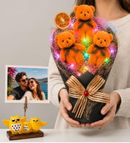 Kişiye Özel Fotoğraflı Renkli Led Işıklı Peluş Ayıcık Buketi (Turuncu) ve Baykuş Fotoğraf Tutucu
