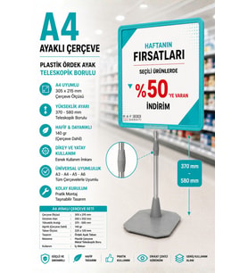 A4 Ayaklı Fiyat Etiketlik Teleskopik Borulu Çerçeve Etiketlik Yönlendirme Levhası Menü Panosu Turkuaz