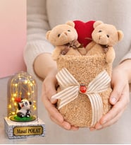 Kahve Premium Peluş Ayıcık Buketi ve Size Özel Işıklı Pandalı Fanus