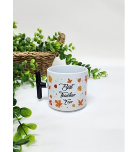 Öğretmenler İçin Renkli Yaprak Desenli Best Teacher Ever Yazılı Porselen T Kupa Bardak Latte Fincanı