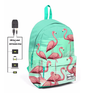 Coral High Yeşil Flamingo Desenli Sırt Çantası - Okul ve Günlük - USB+AUX Soketli