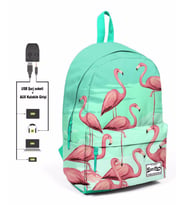 Coral High Yeşil Flamingo Desenli Sırt Çantası - Okul ve Günlük - USB+AUX Soketli