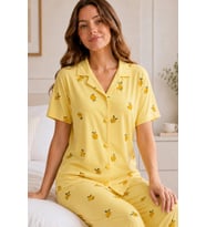 Sarı Limon Desenli Kısa Kollu Gömlek Yaka Milan Kumaş Kadın Pijama Takımı