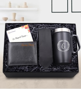 Kişiye Özel Kulplu 280ml Siyah Çelik Termos & Siyah Erkek Cüzdanı & Siyah Kravat Hediye Seti