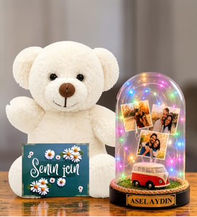 Kişiye Özel Yazılı 3 Fotoğraflı Renkli LED Işıklı Fanus(vosvoslu) ve Beyaz Peluş Ayıcık Sevgiliye Hediye Kadına Hediye