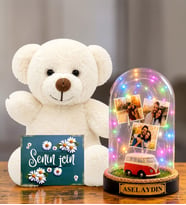 Kişiye Özel Yazılı 3 Fotoğraflı Renkli LED Işıklı Fanus(vosvoslu) ve Beyaz Peluş Ayıcık Sevgiliye Hediye Kadına Hediye