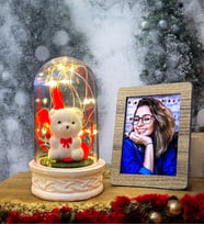Size Özel Ahşap Fotoğraf Çerçevesi ve Led Işıklı Beyaz Ayıcıklı Fanus Doğum Günü Hediyesi