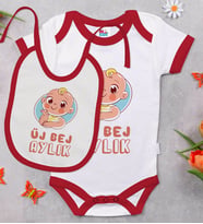 BK Kids Üj Bej Aylık Tasarımlı Kırmızı Bebek Body Zıbın ve Mama Önlüğü Hediye Seti-1