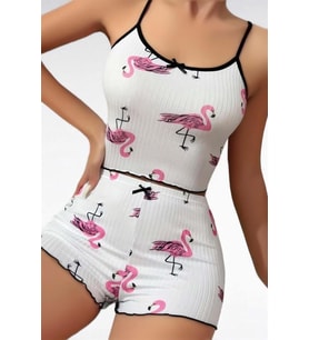 Arias Closet Pamuklu Beyaz Üstüne Pelikan Desen Fitilli Askılı Şortlu Pijama Takımı