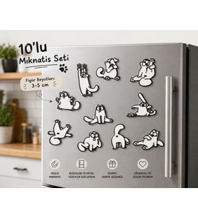 Lexroo Yaramaz Kedi Mıknatıs Seti, Dekoratif Buzdolabı Magneti 10'lu Paket, 3-5 cm