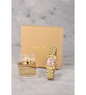 Polo Air Mercek Takvimli Lüx Taşlı Kadın Kol Saati 55 ml Parfüm Hediyelik Kutusunda Set Gold Pembe Renk ST-2195S10