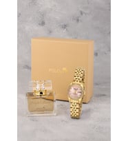 Polo Air Mercek Takvimli Lüx Taşlı Kadın Kol Saati 55 ml Parfüm Hediyelik Kutusunda Set Gold Pembe Renk ST-2195S10