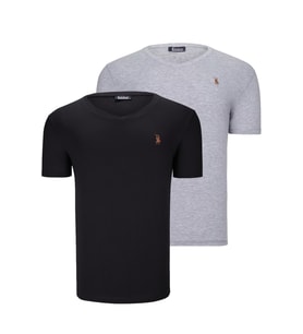 İKİLİ SET T8568 DEWBERRY V YAKA ERKEK T-SHIRT-AÇIK GRİ-KOYU SİYAH