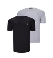 İKİLİ SET T8568 DEWBERRY V YAKA ERKEK T-SHIRT-AÇIK GRİ-KOYU SİYAH