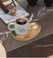 BK Gift Kişiye Özel Modern Art Tasarımlı Doğal Ahşap Tabaklı Türk Kahvesi Fincanı Sunum Seti Model 10