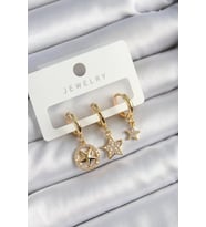 Pirinç Zirkon Taşlı Yıldız Model Gold Renk 3'lü Çift Kadın Küpe Set - TJ-BKP10835