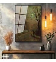 Siyah Renk Metal Çerçeveli Tamperli Cam Tablo J.A. Grimshaw Islak Sokak At Arabalı Figür Dolunay Ressam Tablosu Dekoru
