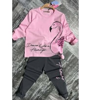 Kız Çocuk Flamingo Baskı ve Yazı Detaylı Pembe Taytlı Takım