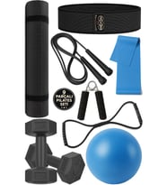 9 Parça Pilates & Fitness Seti – 6mm Pilates Minderi, Dambıl, Atlama İpi, Pilates Topu, Lastikler