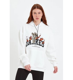 Kadın Oversize Kapüşonlu Cepli Baskılı 3 İplik Pamuklu Hoodie Sweatshirt - Beyaz