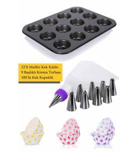 12'li Muffin Kek Kalıbı, Krema Torbası Ve 100 Adet Renkli Cupcake , Browni ,muffin Kağıdı Kalıbı Set
